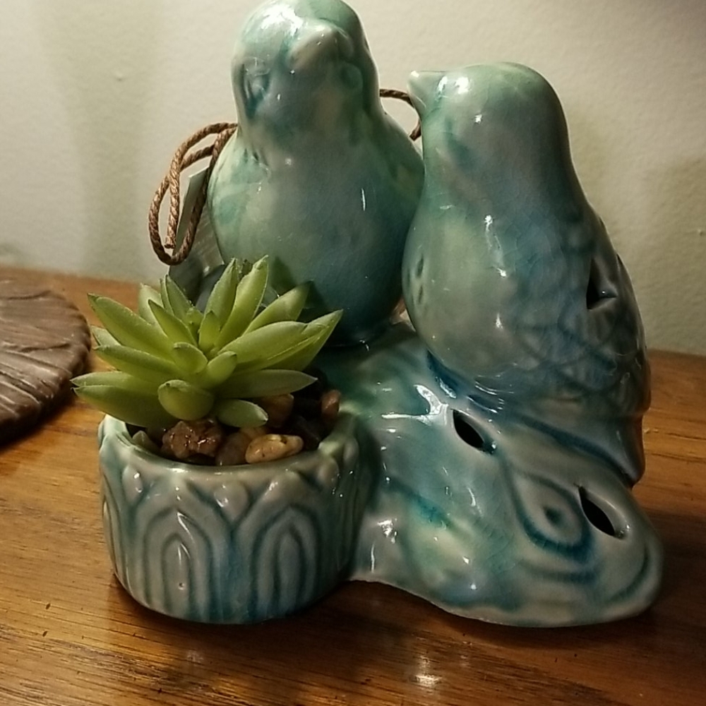 GC Home Decor teal birds and faux cactus
